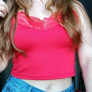 Red Lace Trim Cami Top